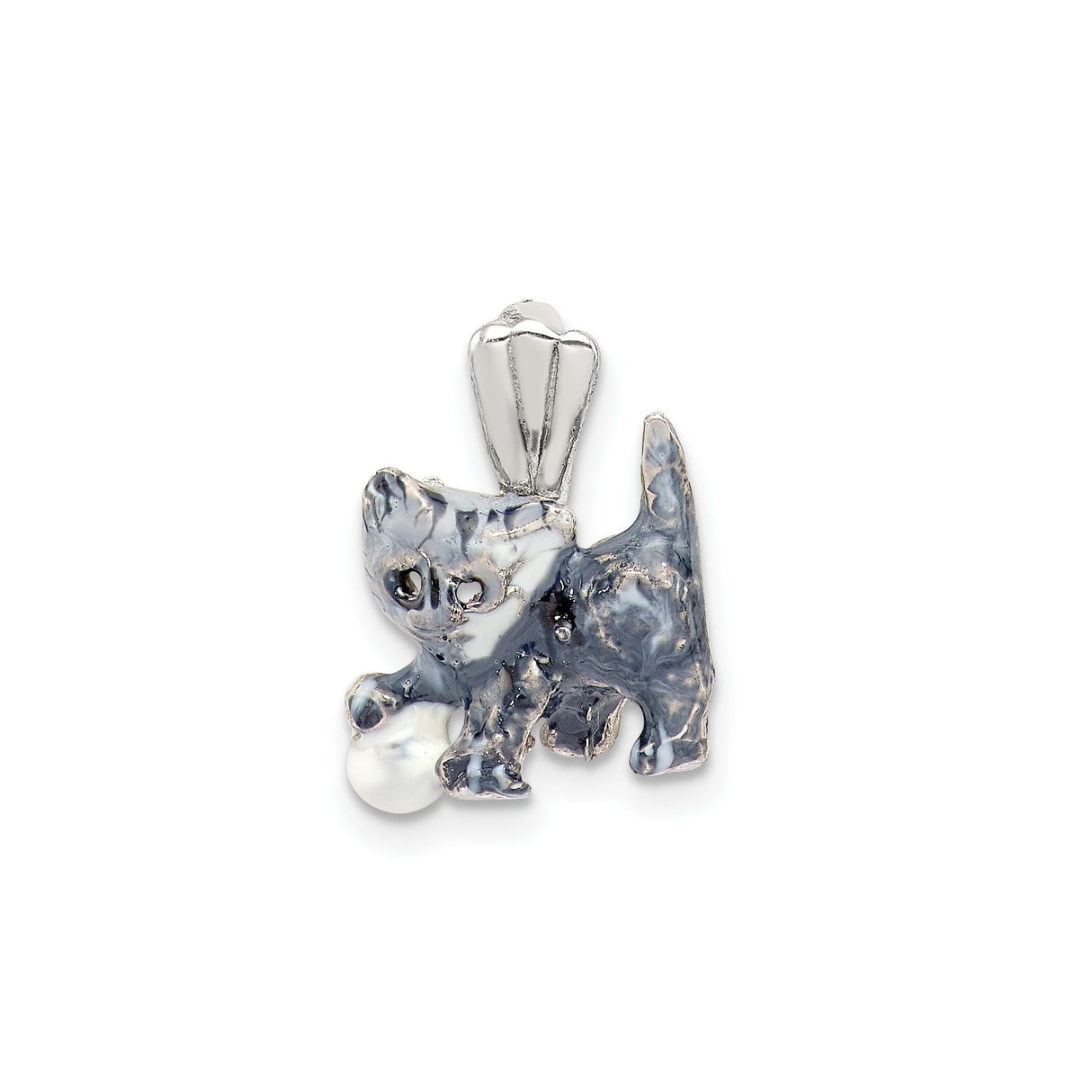 Sterling Silver Cat Pendant with Enamel Accents, Playful Kitten and White Ball Design