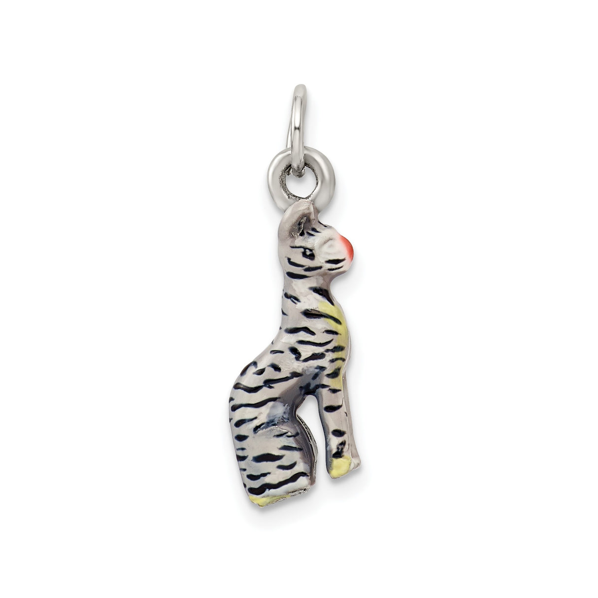Sterling Silver Cat Pendant with Hand-Painted Enamel in Tiger Style