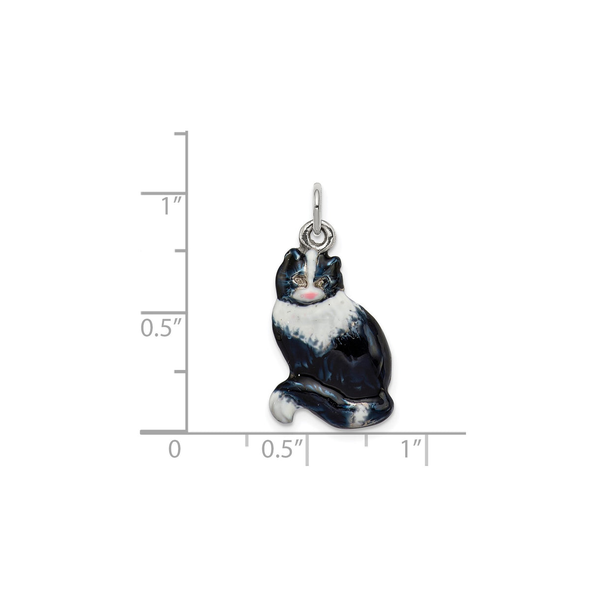Sterling Silver Cat Charm Pendant, Hand Painted Black and White Enamel, Feline Keepsake Jewelry