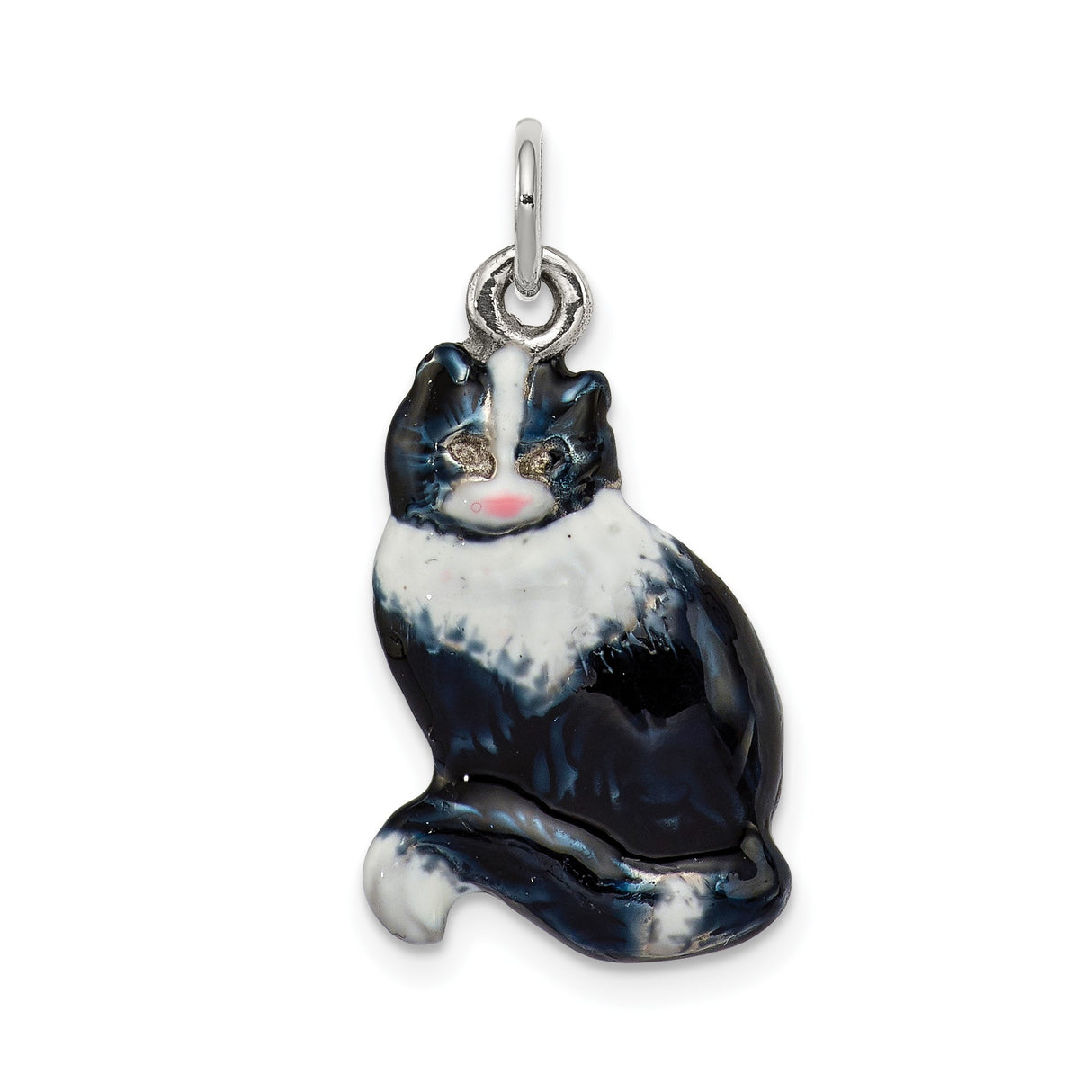 Sterling Silver Cat Charm Pendant, Hand Painted Black and White Enamel, Feline Keepsake Jewelry
