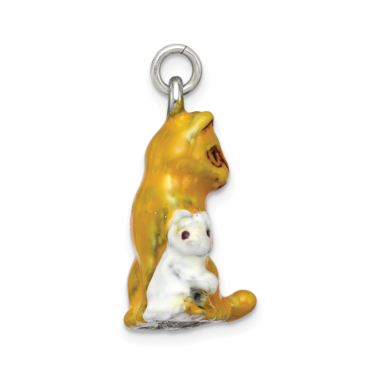 Sterling Silver Cat and Mouse Charm Pendant, Enamel Orange Cat with White Mouse, Whimsical Animal Jewelry