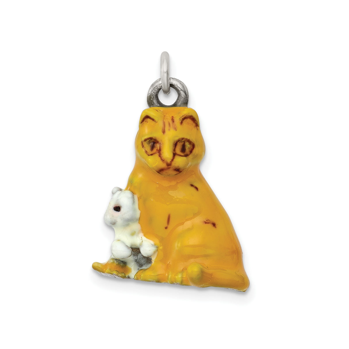 Sterling Silver Cat and Mouse Charm Pendant, Enamel Orange Cat with White Mouse, Whimsical Animal Jewelry