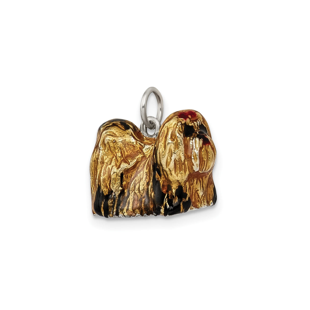 Sterling Silver Shih Tzu Dog Pendant with Black Enamel and Gold Accent, Textured Design Charm