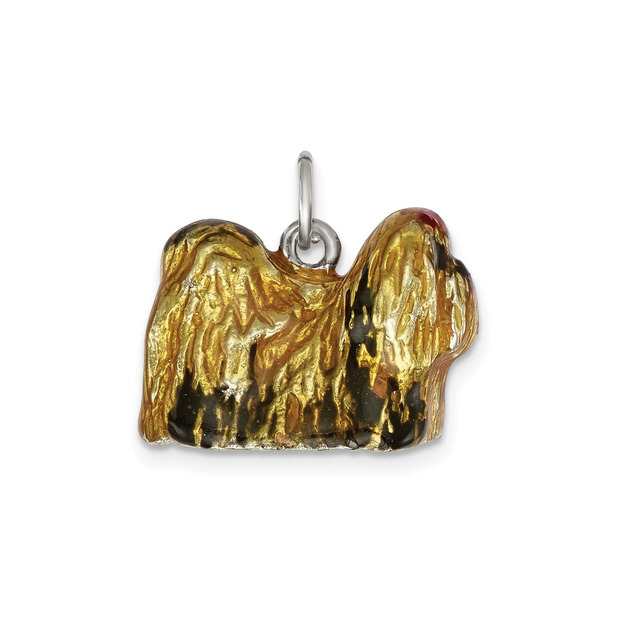 Sterling Silver Shih Tzu Dog Pendant with Black Enamel and Gold Accent, Textured Design Charm