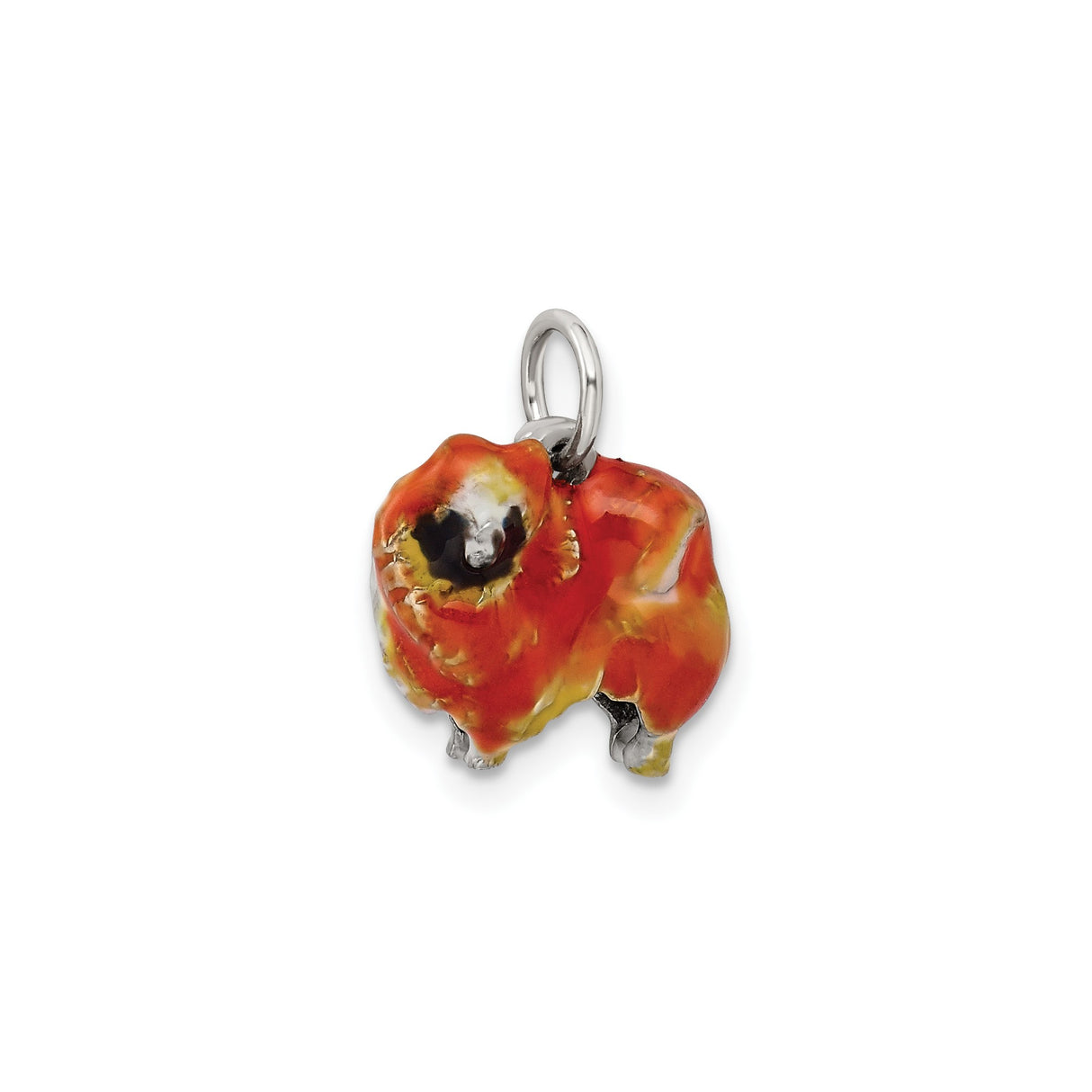 Sterling Silver Charm Pendant, Pomeranian Dog with Red and Yellow Enamel, Hand Painted Pet Jewelry