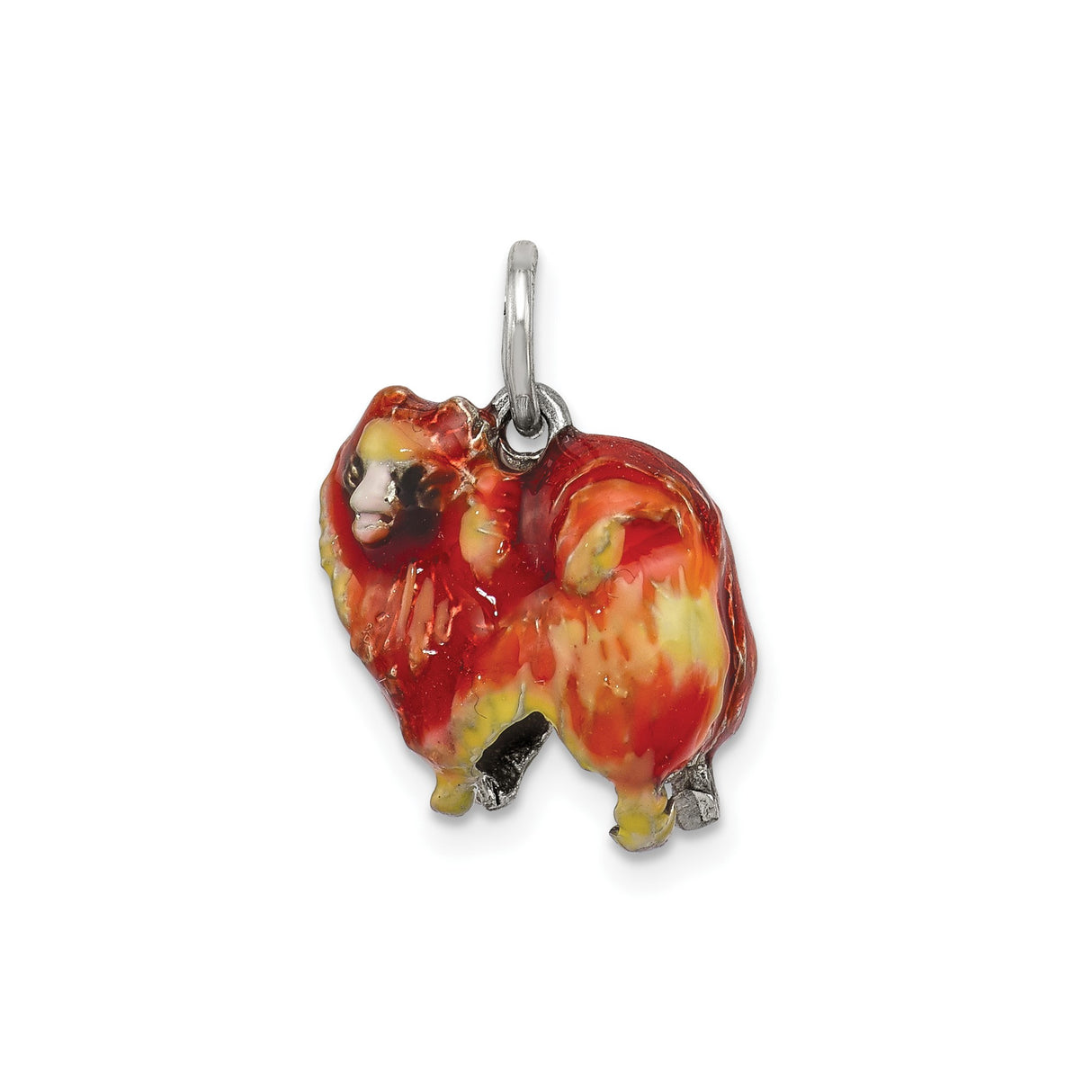 Sterling Silver Charm Pendant, Pomeranian Dog with Red and Yellow Enamel, Hand Painted Pet Jewelry