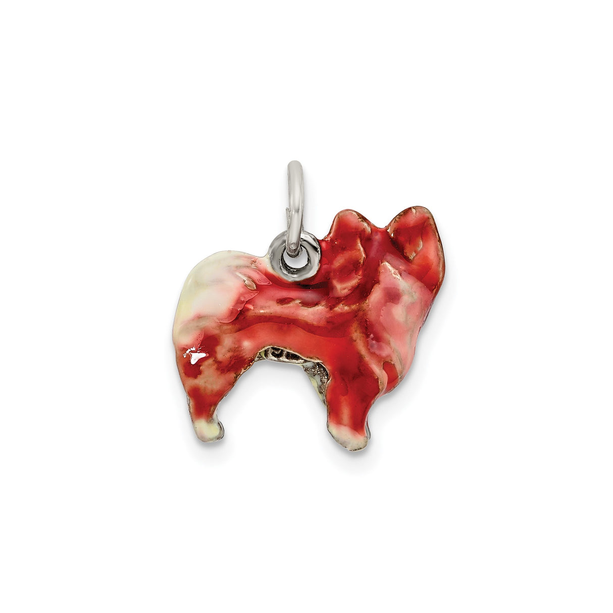Sterling Silver Dog Charm Pendant, Pomeranian Design with Red Enamel for Pet Lovers