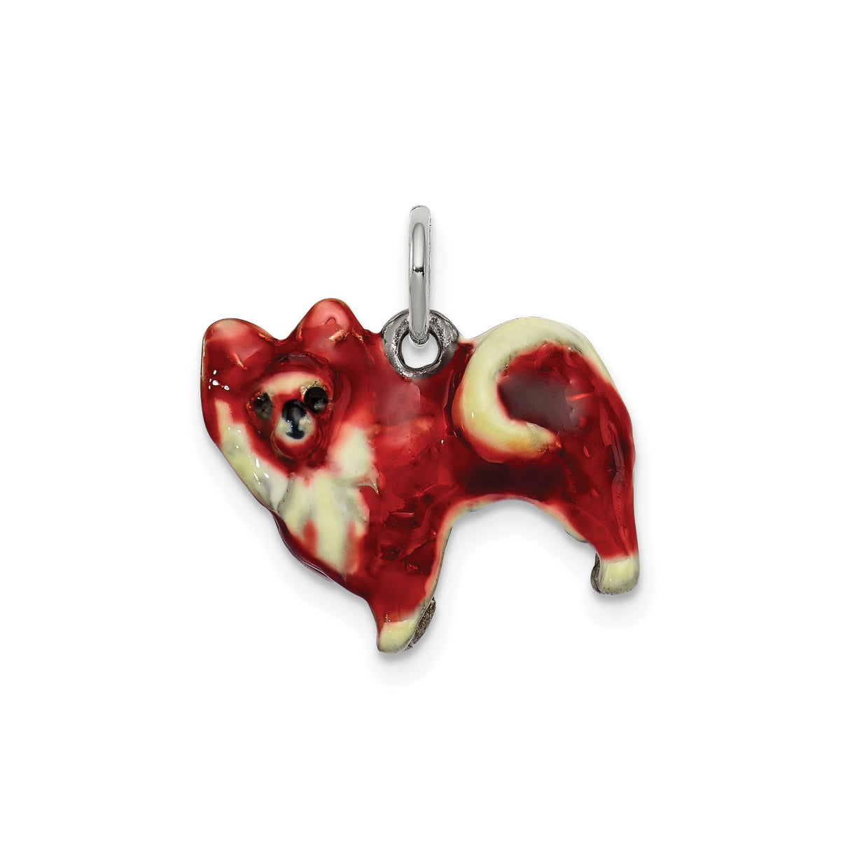 Sterling Silver Dog Charm Pendant, Pomeranian Design with Red Enamel for Pet Lovers