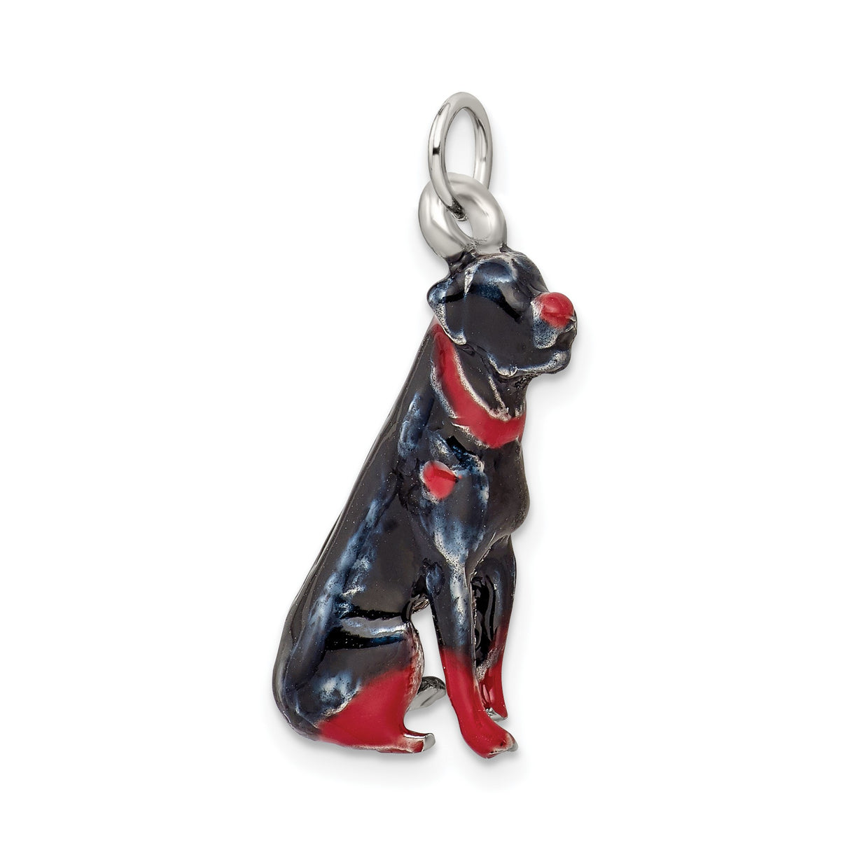 Sterling Silver Dog Charm Pendant with Black and Red Enamel, Doberman Style