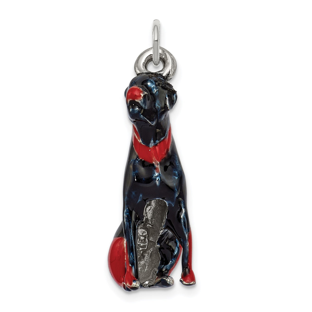 Sterling Silver Dog Charm Pendant with Black and Red Enamel, Doberman Style