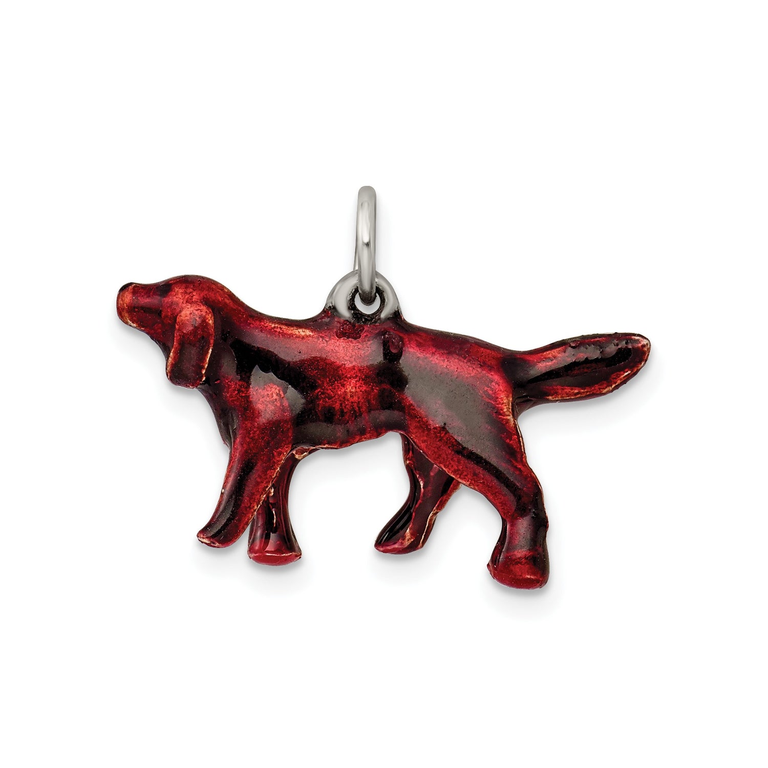 Sterling Silver Dog Pendant with Red and Black Enamel, Hunting Dog Charm Design