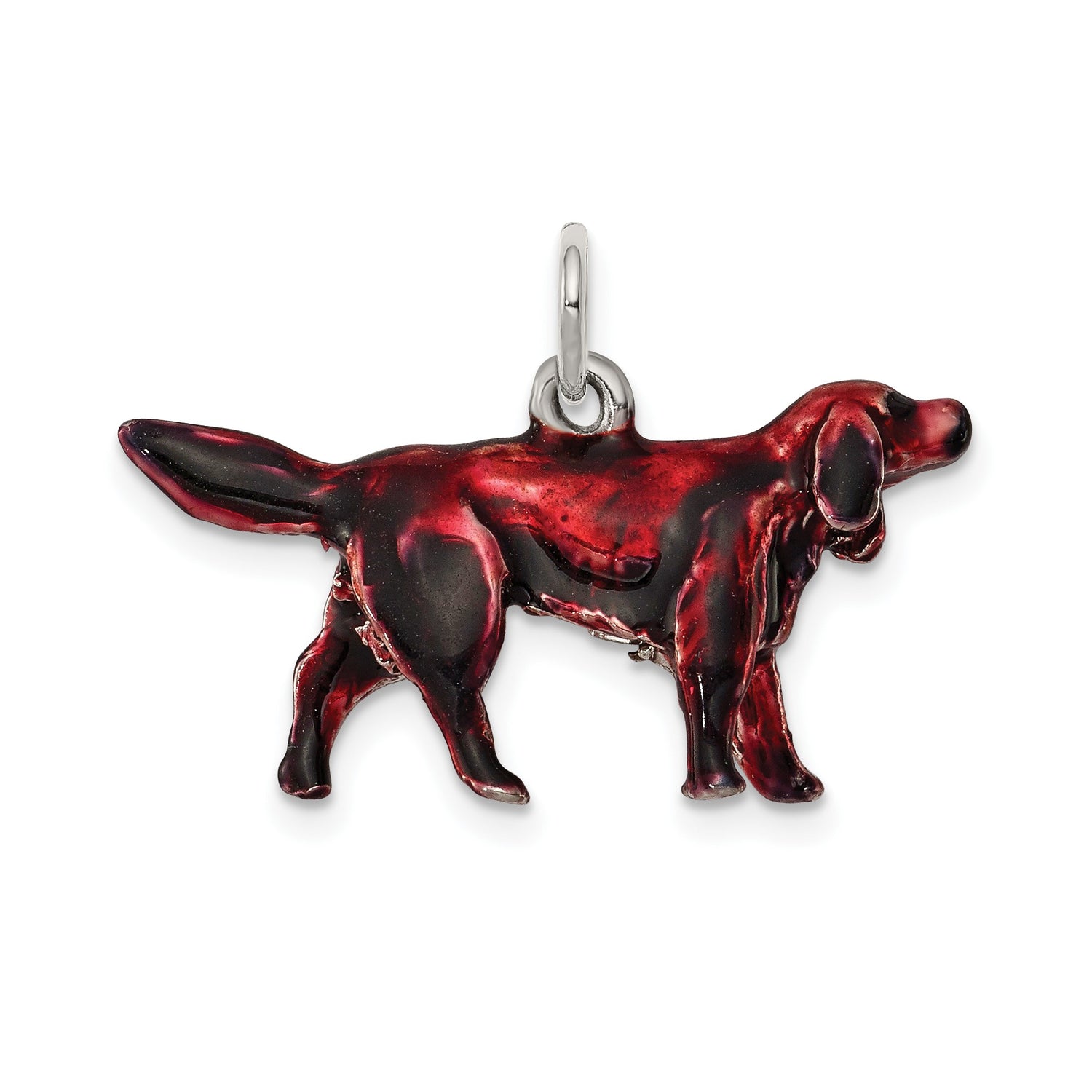 Sterling Silver Dog Pendant with Red and Black Enamel, Hunting Dog Charm Design