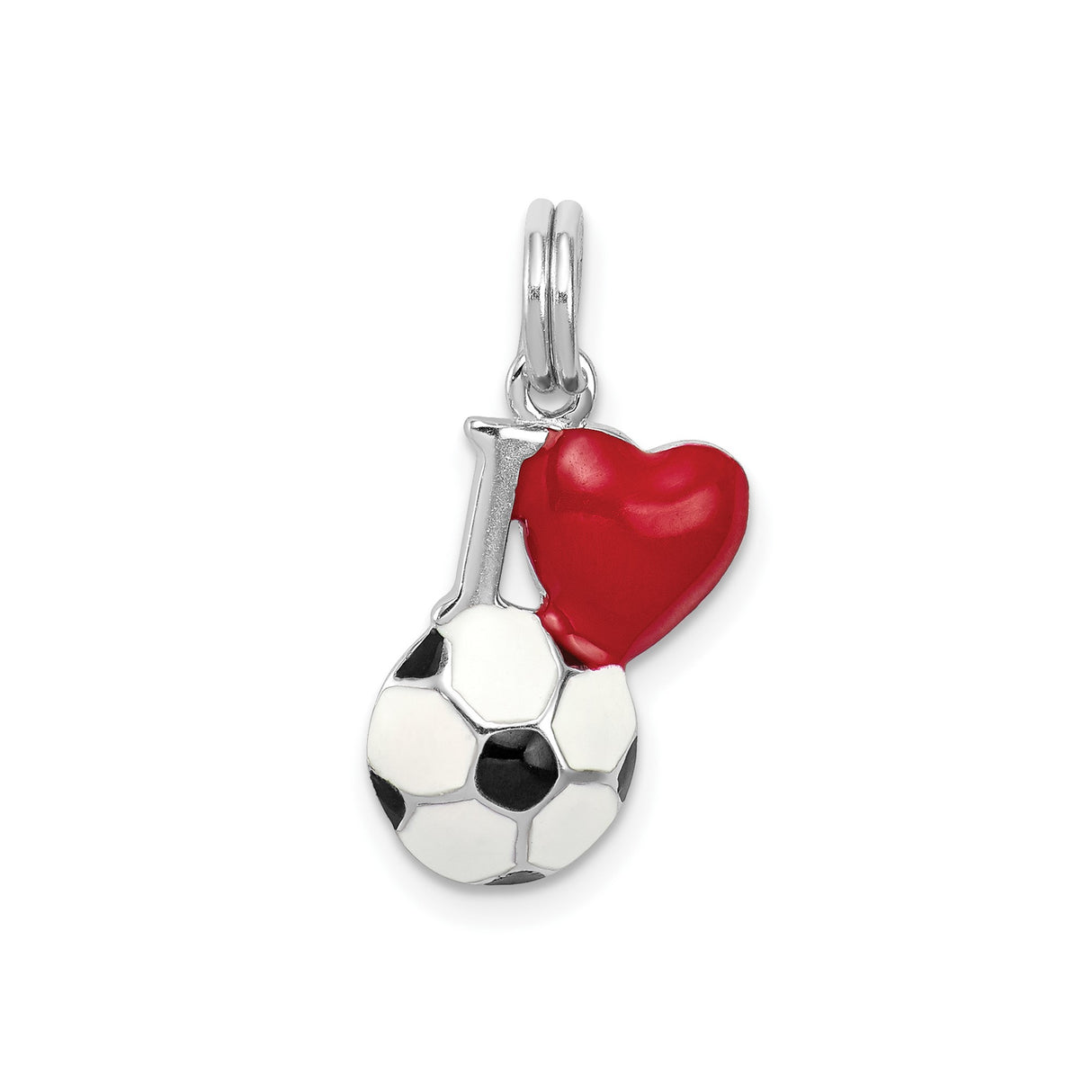 Sterling Silver Soccer Charm Pendant with Red Enamel Heart and Black White Ball