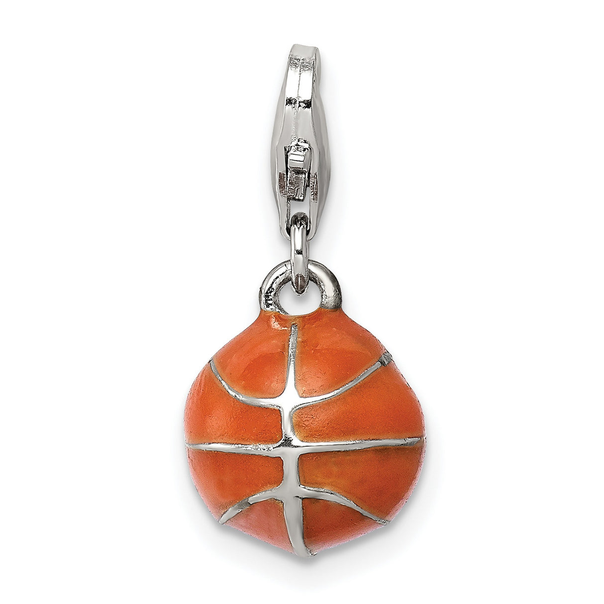 3-D Enameled Basketball Charm Pendant in Real 925 Sterling Silver