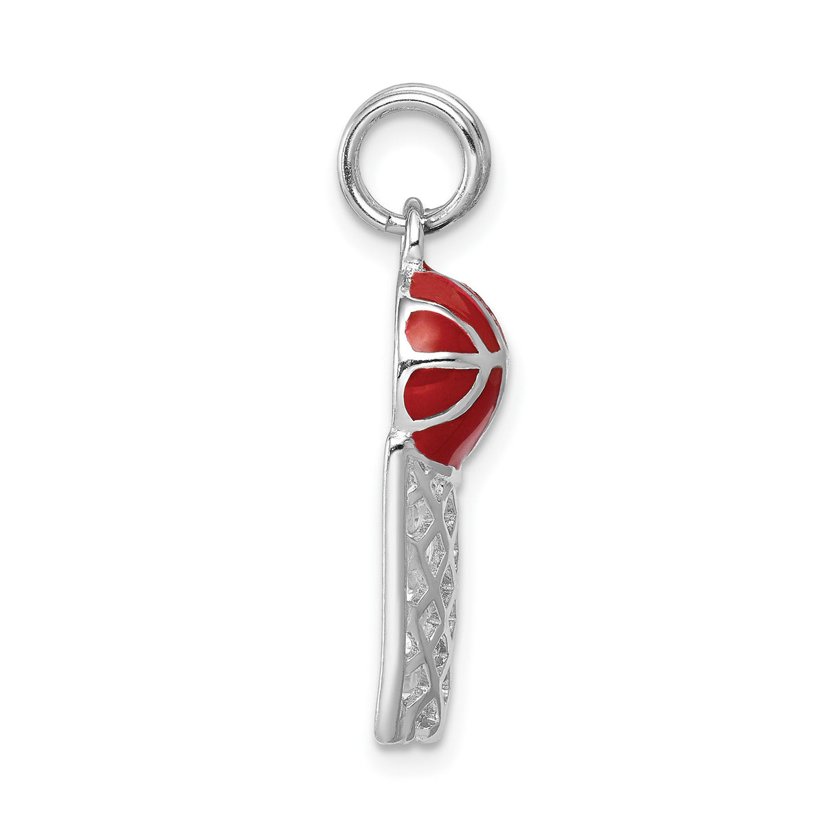Sterling Silver Basketball Hoop Pendant with Red Enamel Ball, Sports Jewelry Charm
