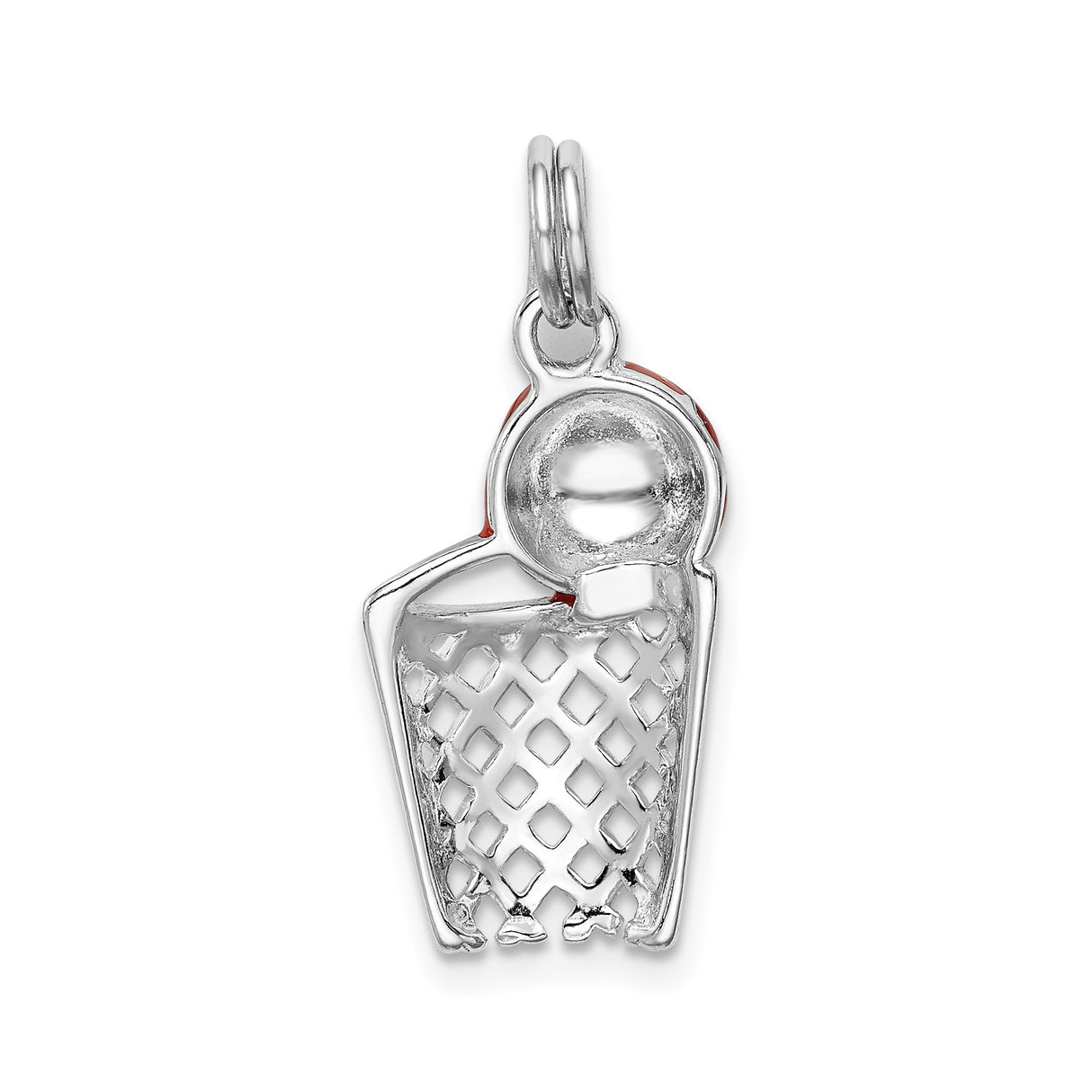 Sterling Silver Basketball Hoop Pendant with Red Enamel Ball, Sports Jewelry Charm