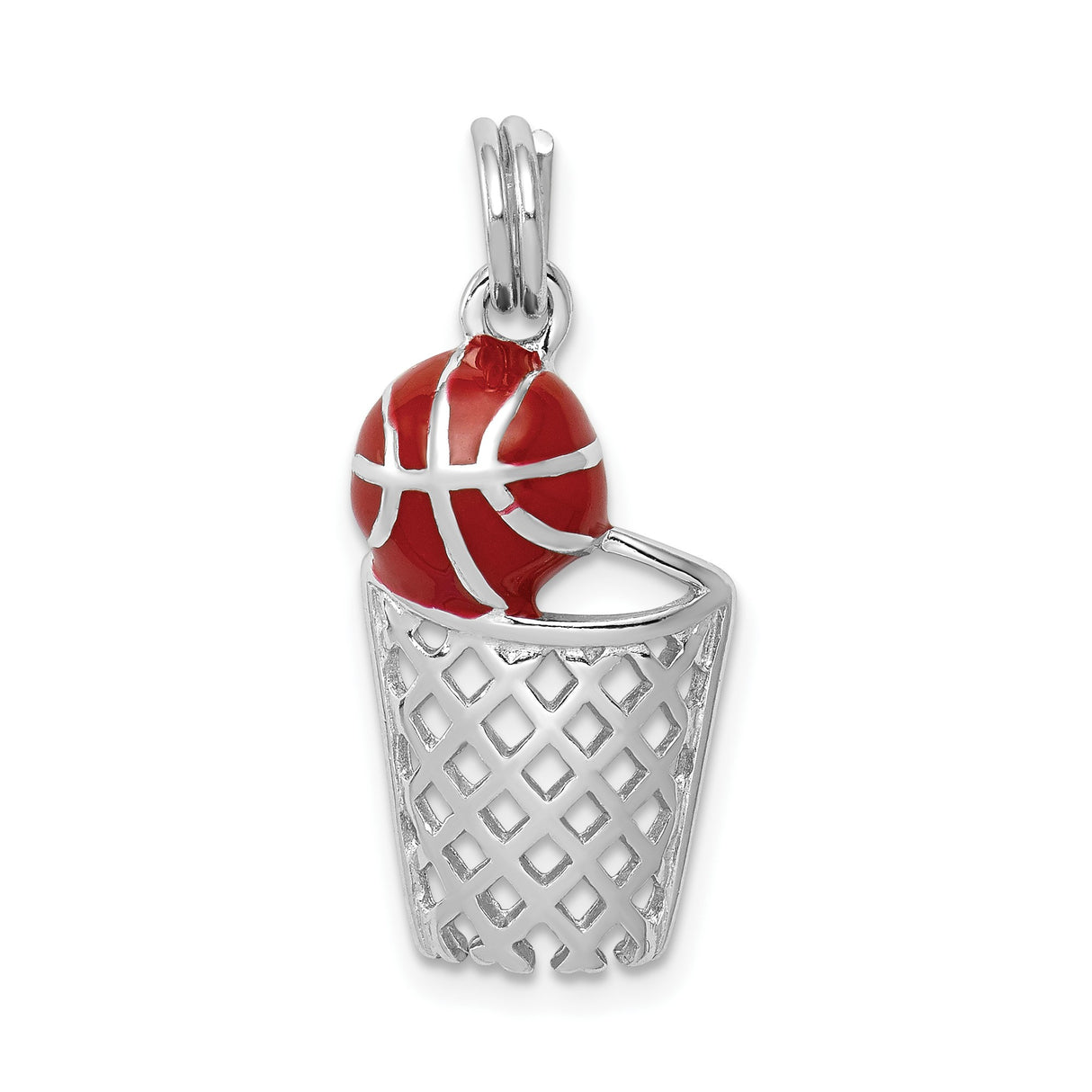 Sterling Silver Basketball Hoop Pendant with Red Enamel Ball, Sports Jewelry Charm