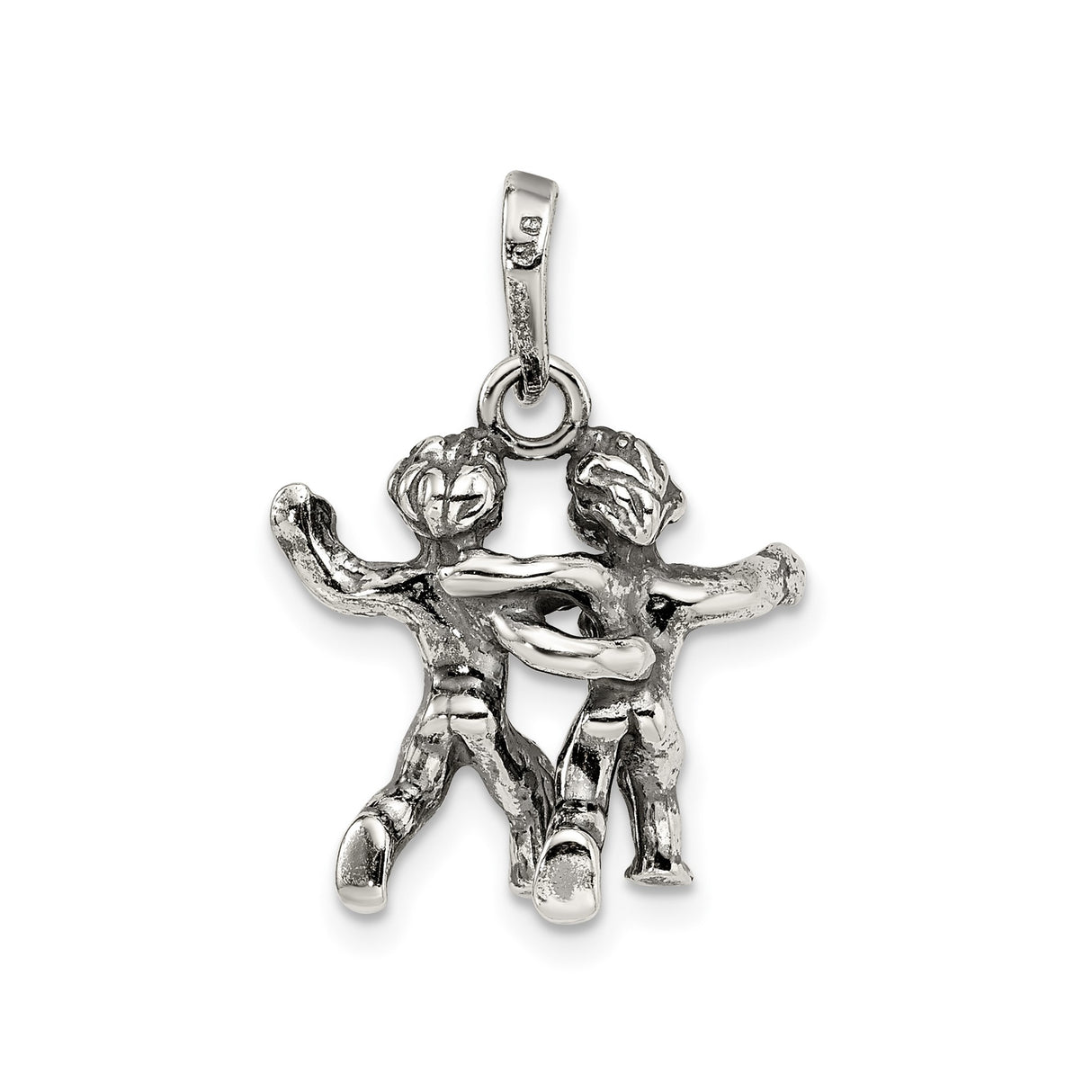 Sterling Silver Gemini Pendant with Dancing Twin Figures Symbolizing Friendship and Unity
