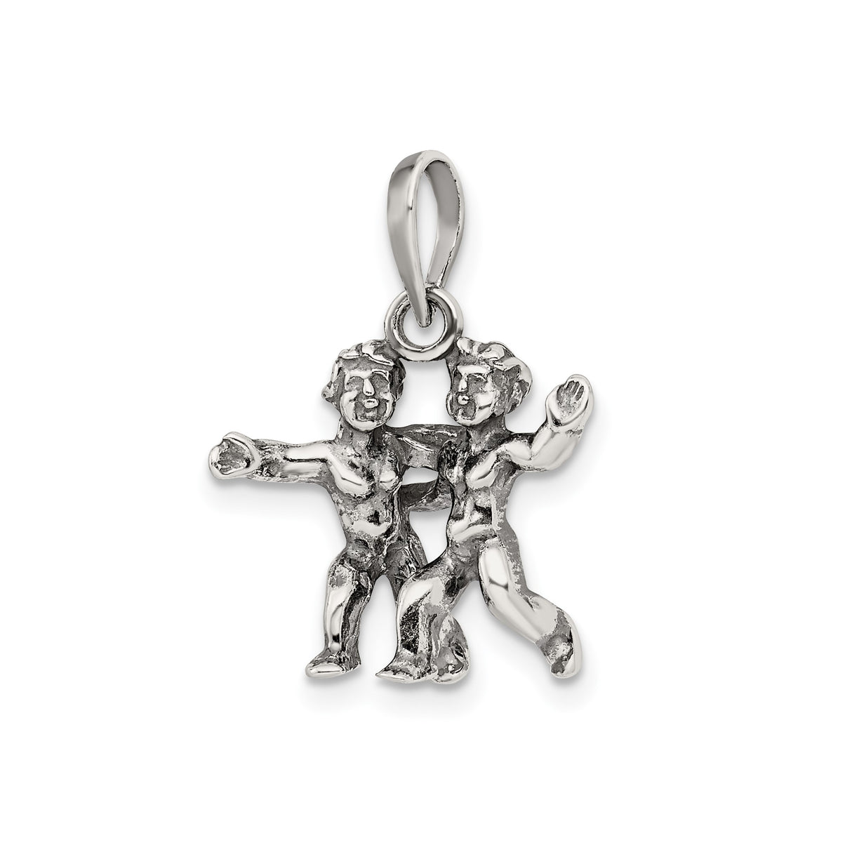 Sterling Silver Gemini Pendant with Dancing Twin Figures Symbolizing Friendship and Unity