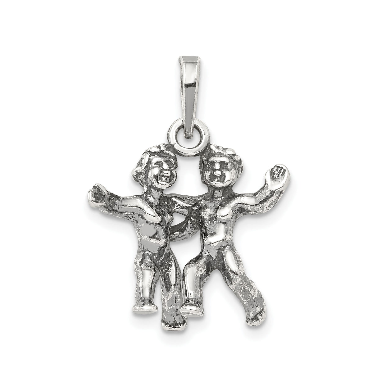 Sterling Silver Gemini Pendant with Dancing Twin Figures Symbolizing Friendship and Unity