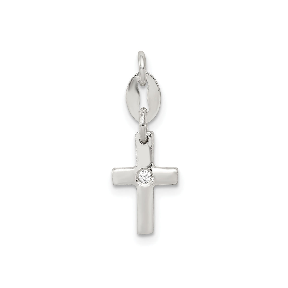 Sterling Silver Vertical Cross Pendant with Cubic Zirconia Center, Minimalist Religious Charm
