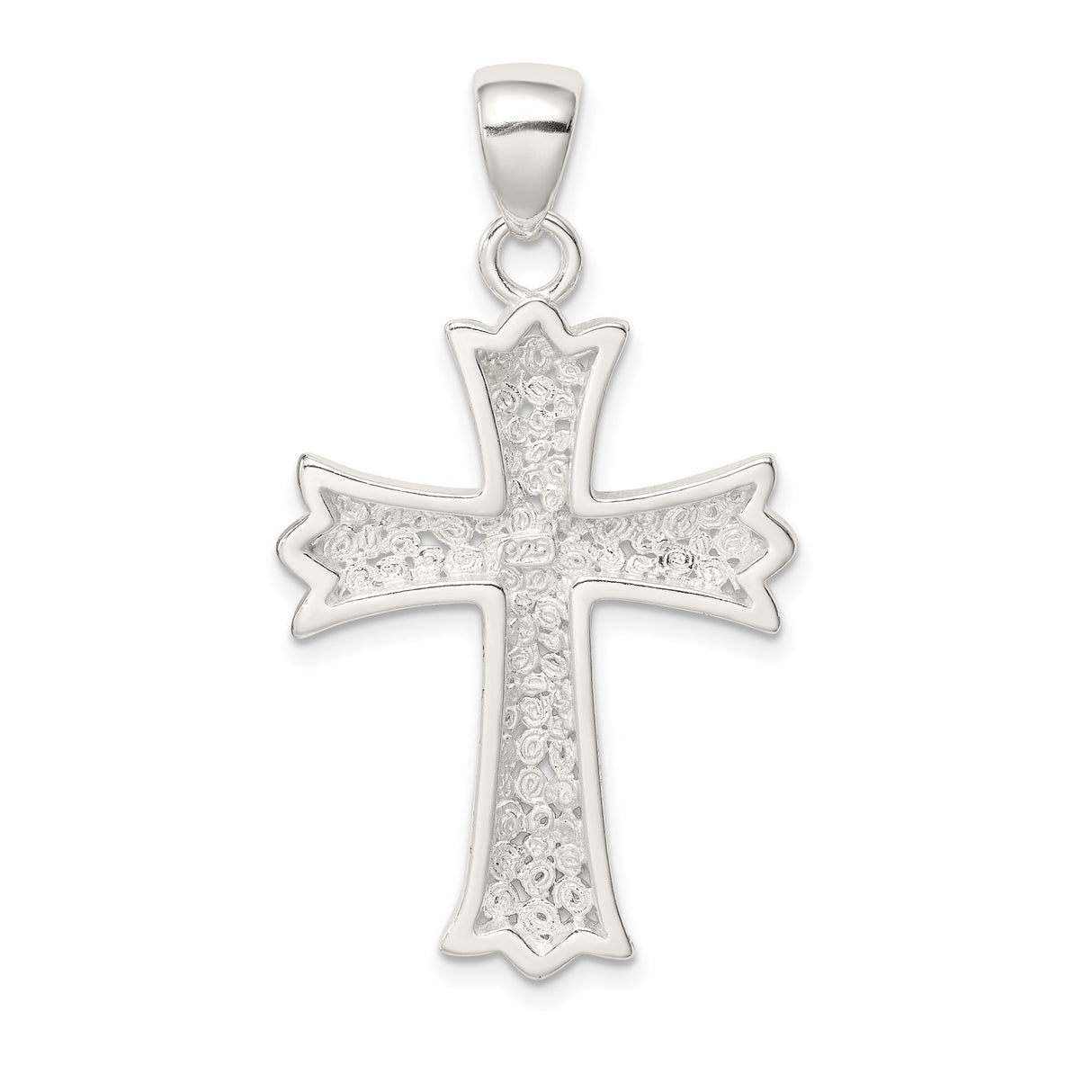 Sterling Silver Stylized Beveled Cross Pendant with Swirl Pattern and Mirror Finish