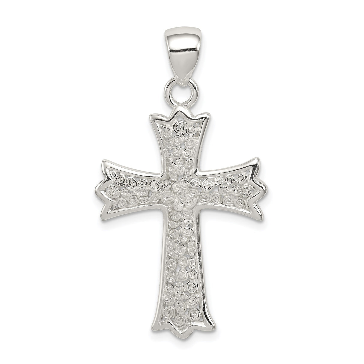 Sterling Silver Stylized Beveled Cross Pendant with Swirl Pattern and Mirror Finish