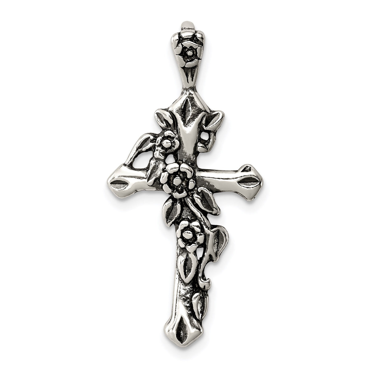 Sterling Silver Floral Antique Cross Pendant with Botanical Design for Men and Women