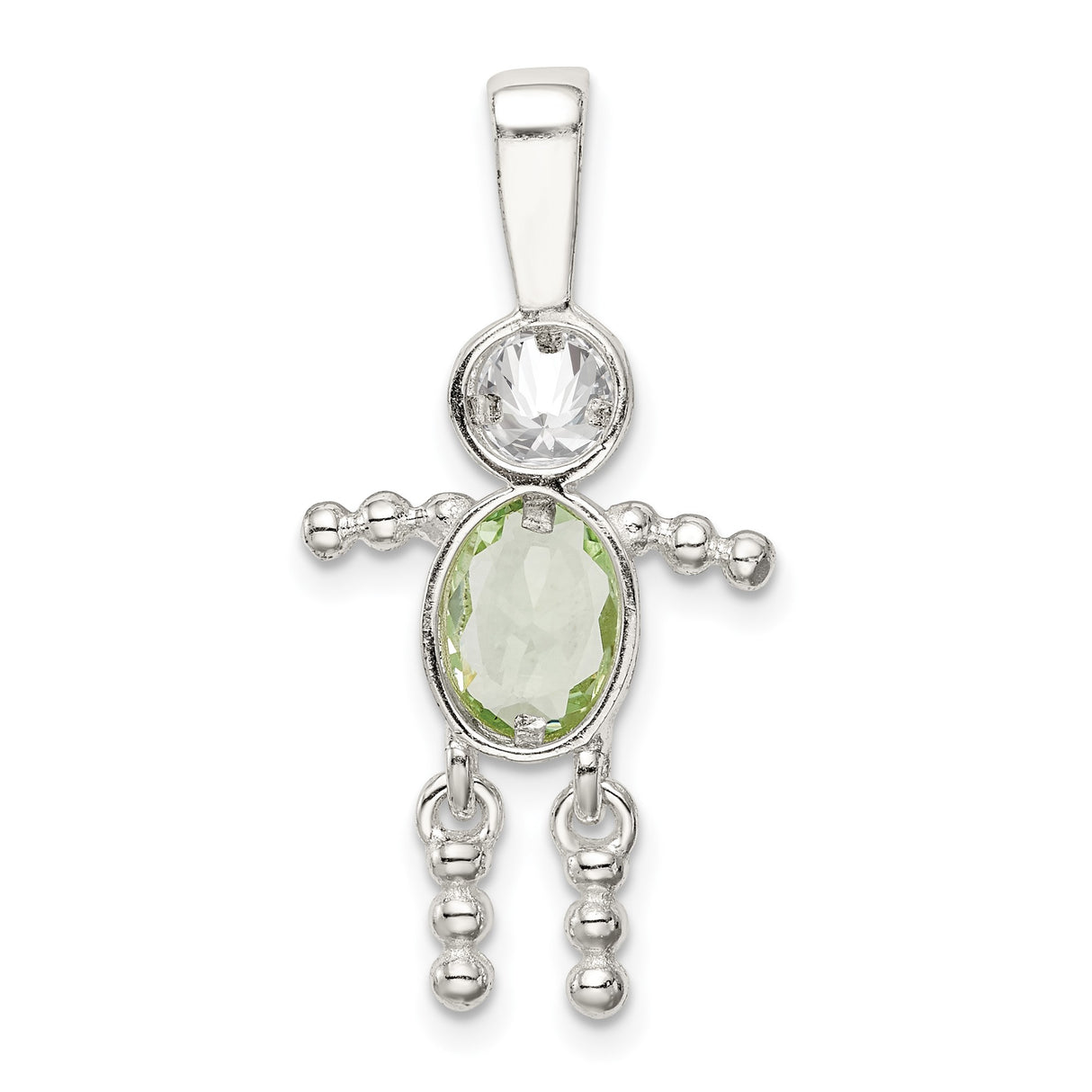 Sterling Silver Boy Figure Pendant with Oval Green Synthetic Birthstone and Clear Glass Accent