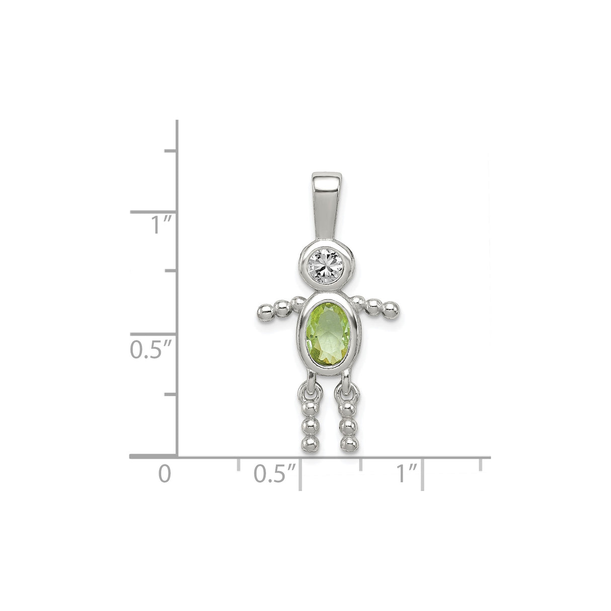 Sterling Silver Boy Figure Pendant with Oval Green Synthetic Birthstone and Clear Glass Accent