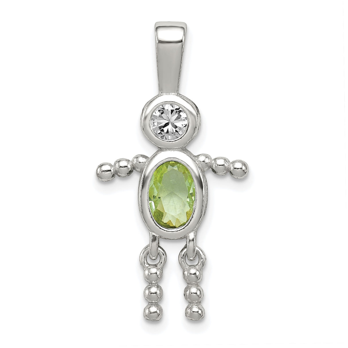 Sterling Silver Boy Figure Pendant with Oval Green Synthetic Birthstone and Clear Glass Accent