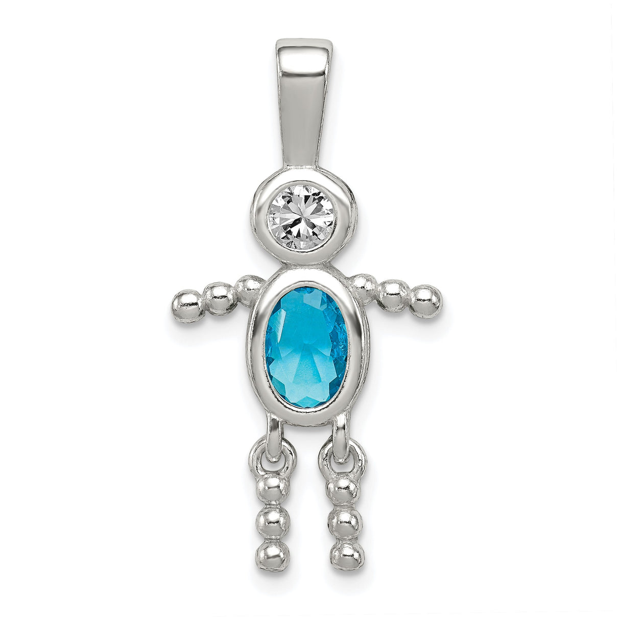 Sterling Silver Boy Pendant with Clear Stone and Oval Blue Gemstone, Family Charm Jewelry
