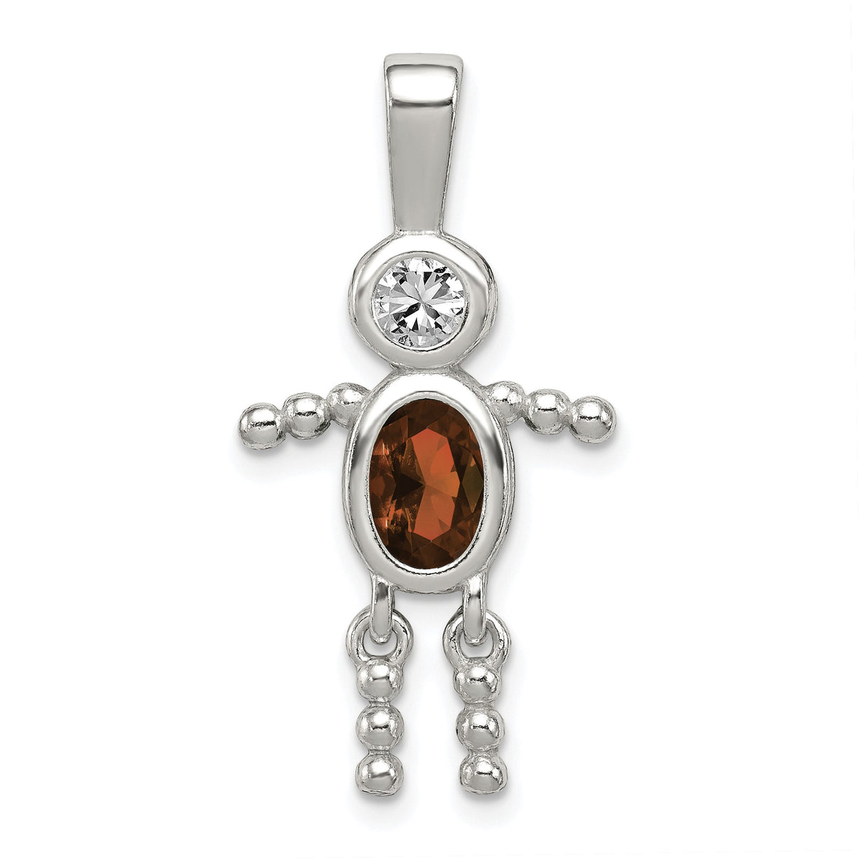 Sterling Silver Pendant with Synthetic Birthstone Head and Oval Garnet Body, Family Theme Charm for Women