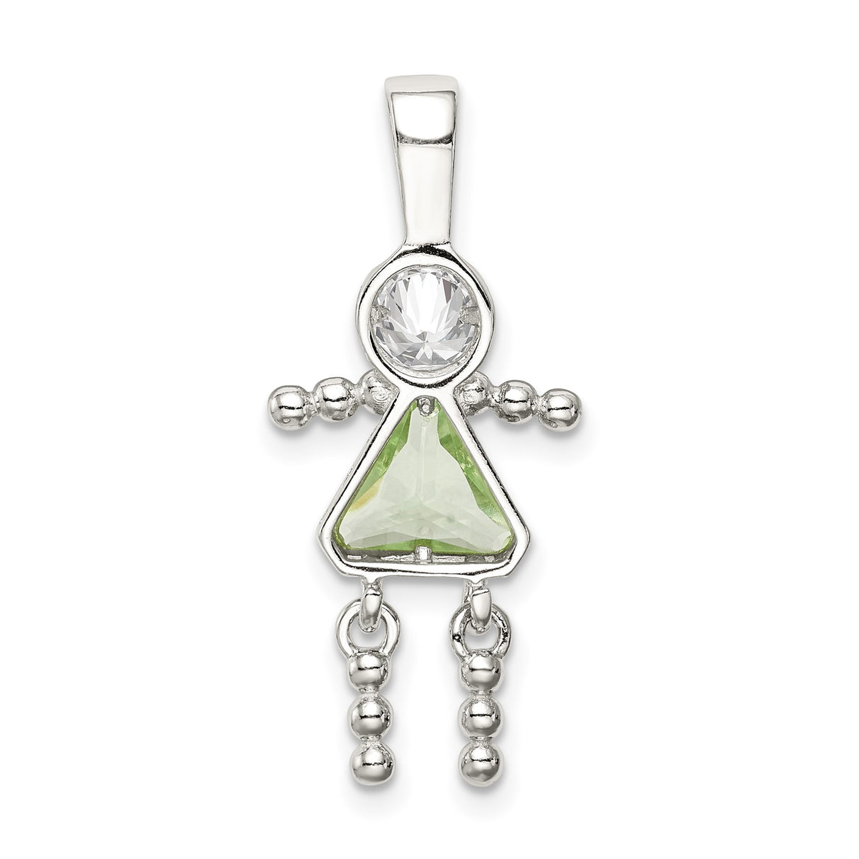 Sterling Silver Girl Pendant with Clear Round and Green Triangular Synthetic Birthstones