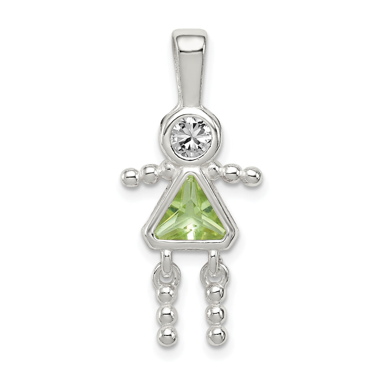 Sterling Silver Girl Pendant with Clear Round and Green Triangular Synthetic Birthstones