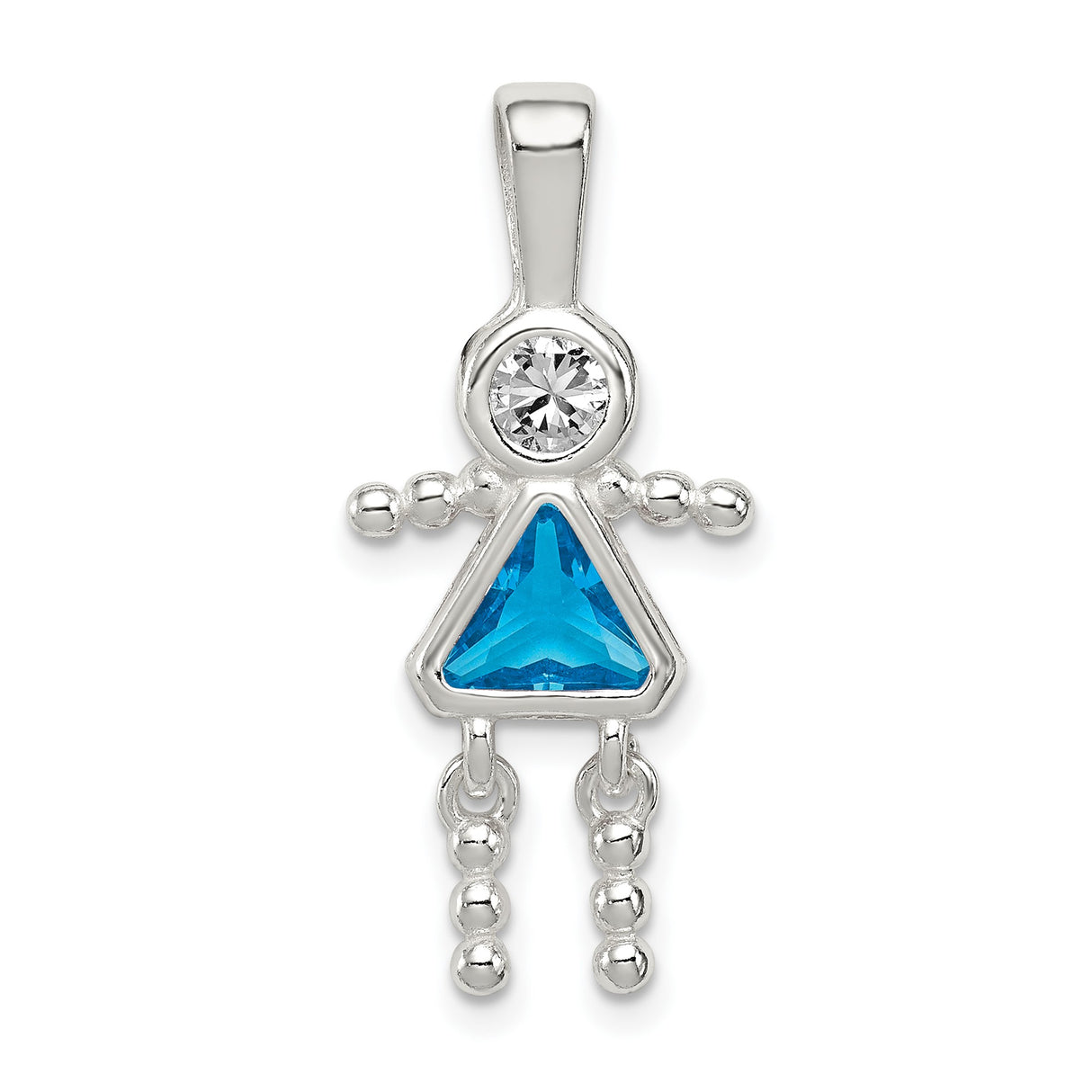 Sterling Silver Girl Pendant with Synthetic Birthstone Dress and Cubic Zirconia Head Figure Charm