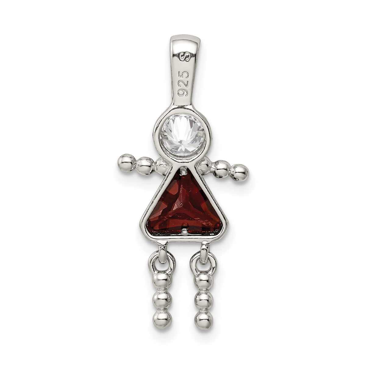Sterling Silver Girl Pendant with Clear Round and Red Triangle Synthetic Gemstones, Family Jewelry Theme