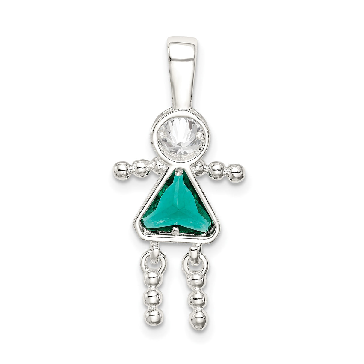 Sterling Silver Girl Pendant with Cubic Zirconia Head and Green Triangle Dress
