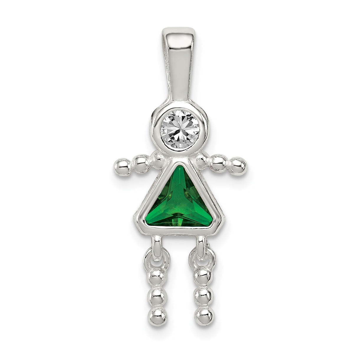 Sterling Silver Girl Pendant with Cubic Zirconia Head and Green Triangle Dress