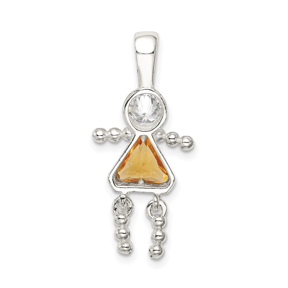Sterling Silver Girl Shaped Pendant with Cubic Zirconia and Amber Glass Gemstones