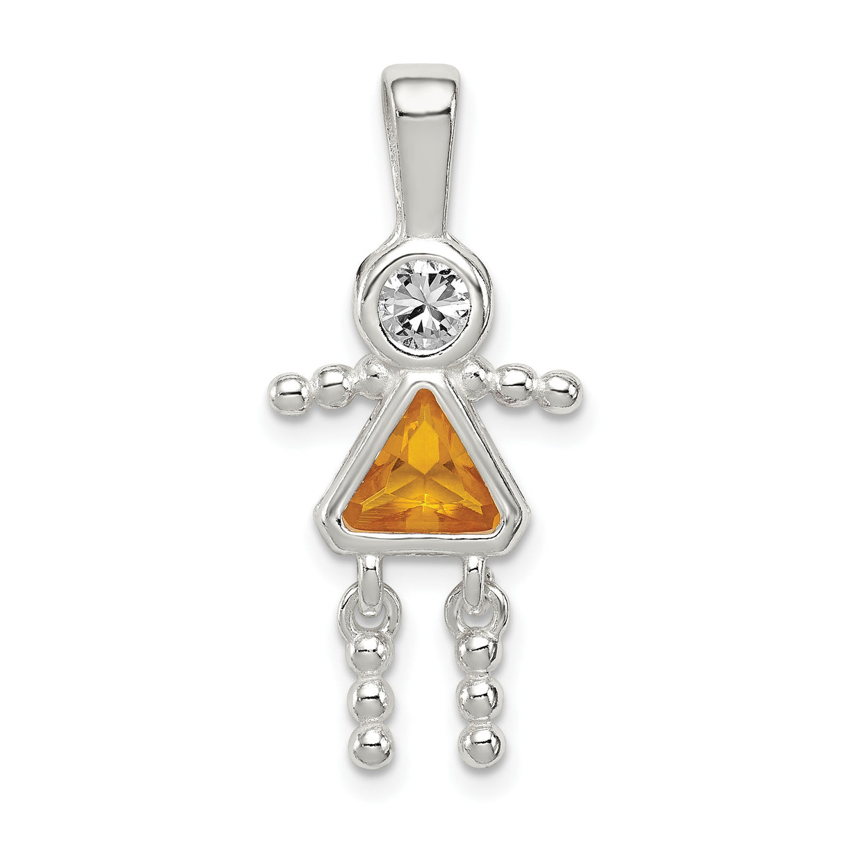 Sterling Silver Girl Shaped Pendant with Cubic Zirconia and Amber Glass Gemstones