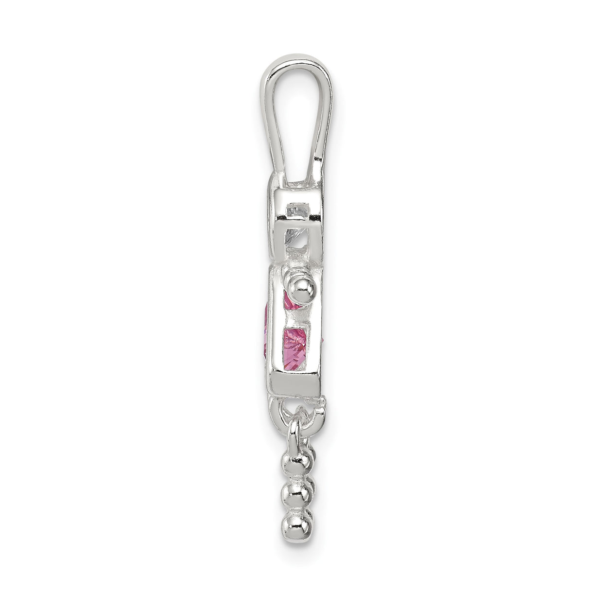 Sterling Silver Girl Pendant with Pink Triangular Synthetic Birthstone Dress and Clear Round Head Stone