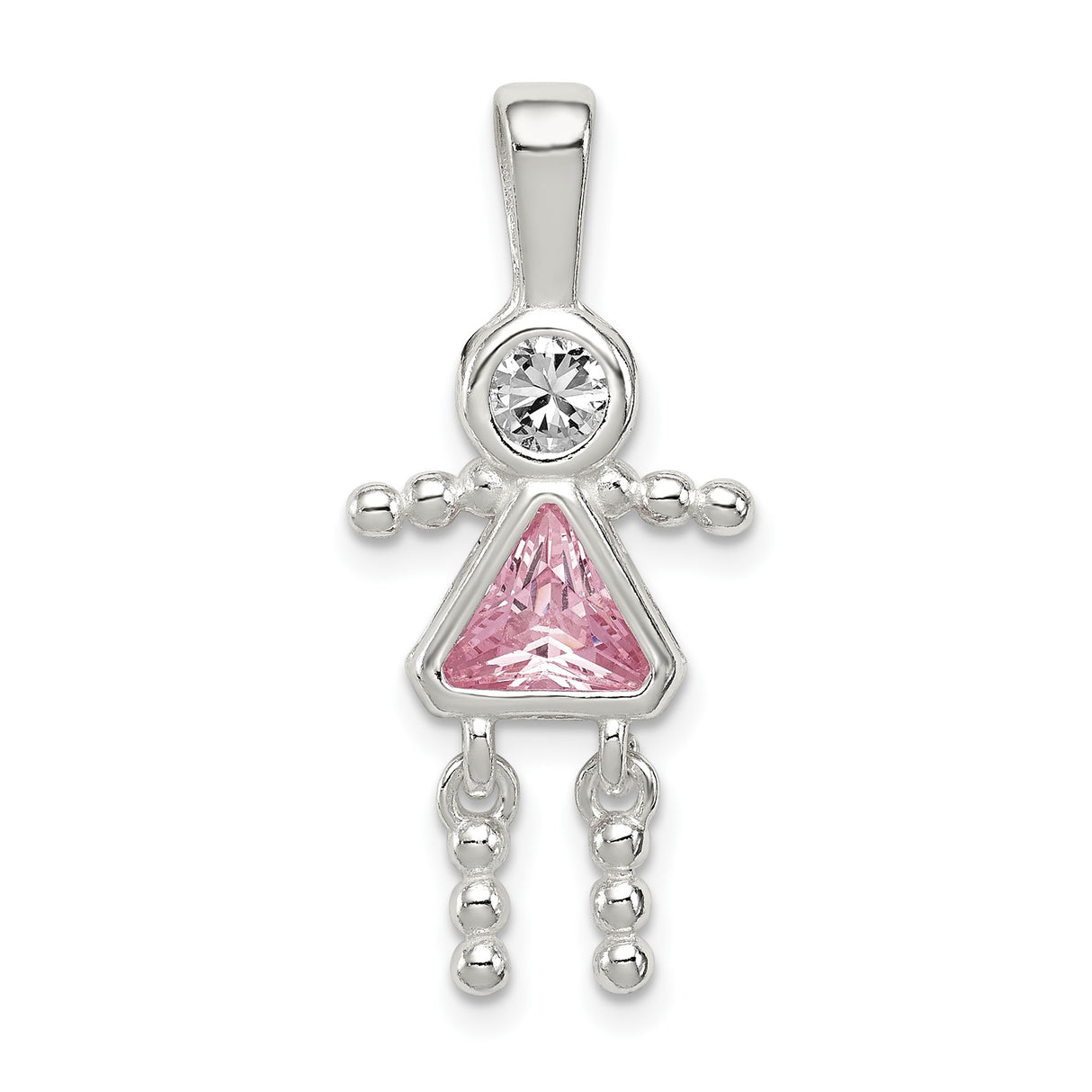 Sterling Silver Girl Pendant with Pink Triangular Synthetic Birthstone Dress and Clear Round Head Stone