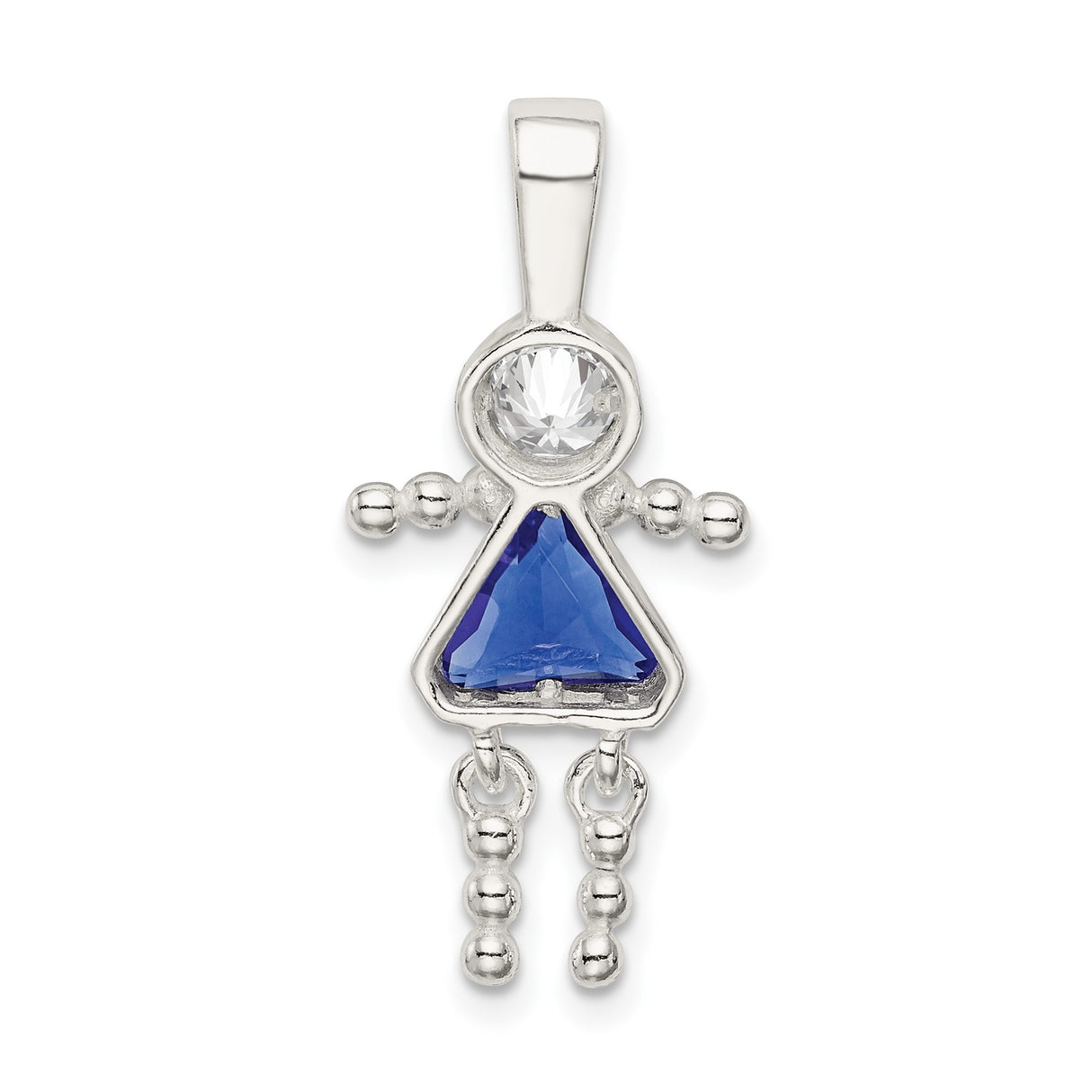 Sterling Silver Girl Pendant with Clear Crystal Head and Blue Synthetic Birthstone Body, Symbolic Family Charm