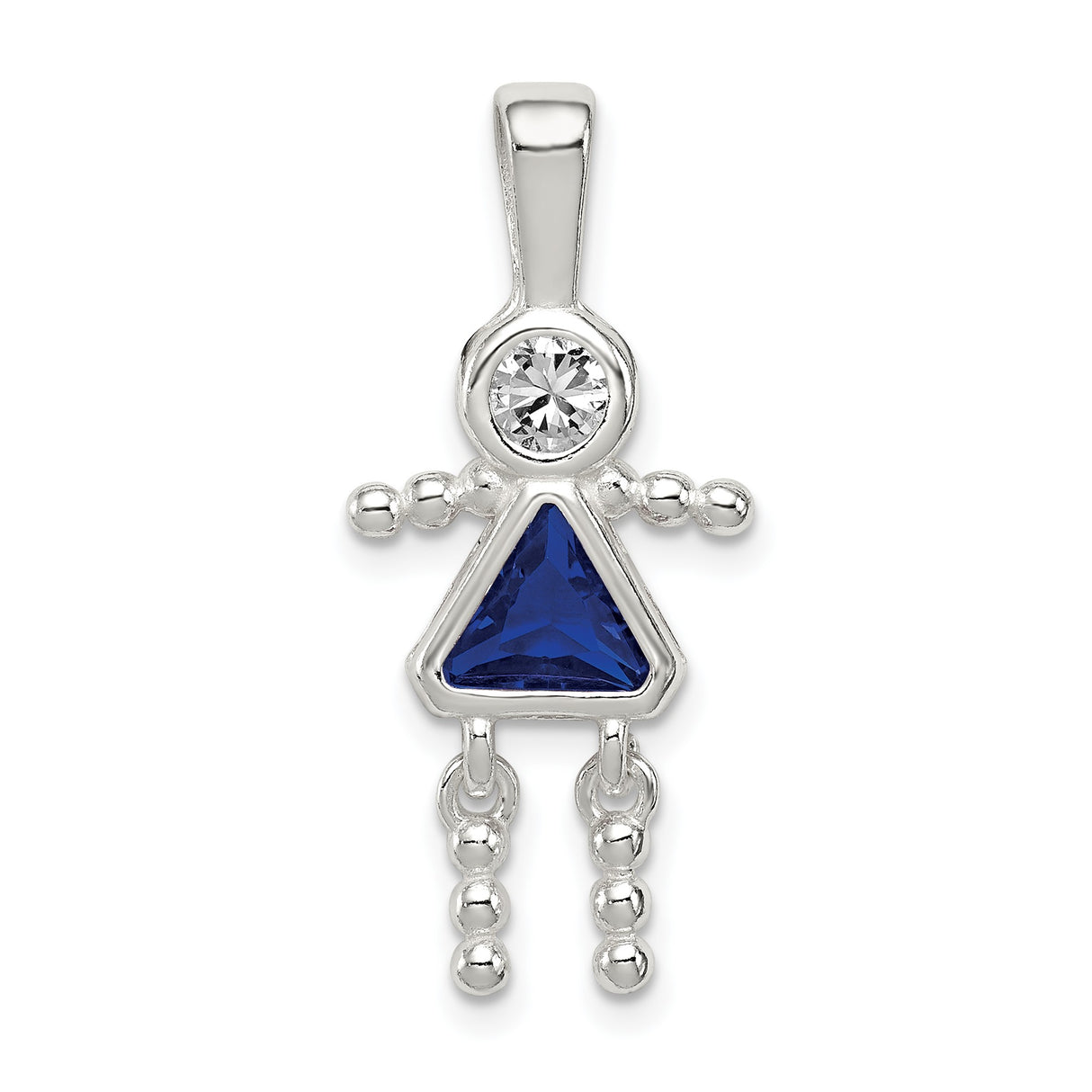 Sterling Silver Girl Pendant with Clear Crystal Head and Blue Synthetic Birthstone Body, Symbolic Family Charm