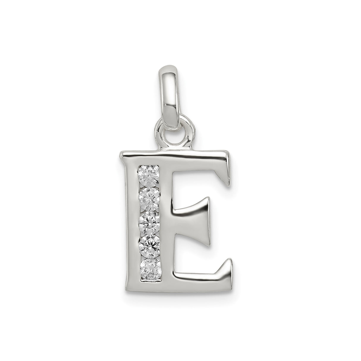 Sterling Silver E Pendant with Cubic Zirconia, Vertical Letter Charm for Women and Men