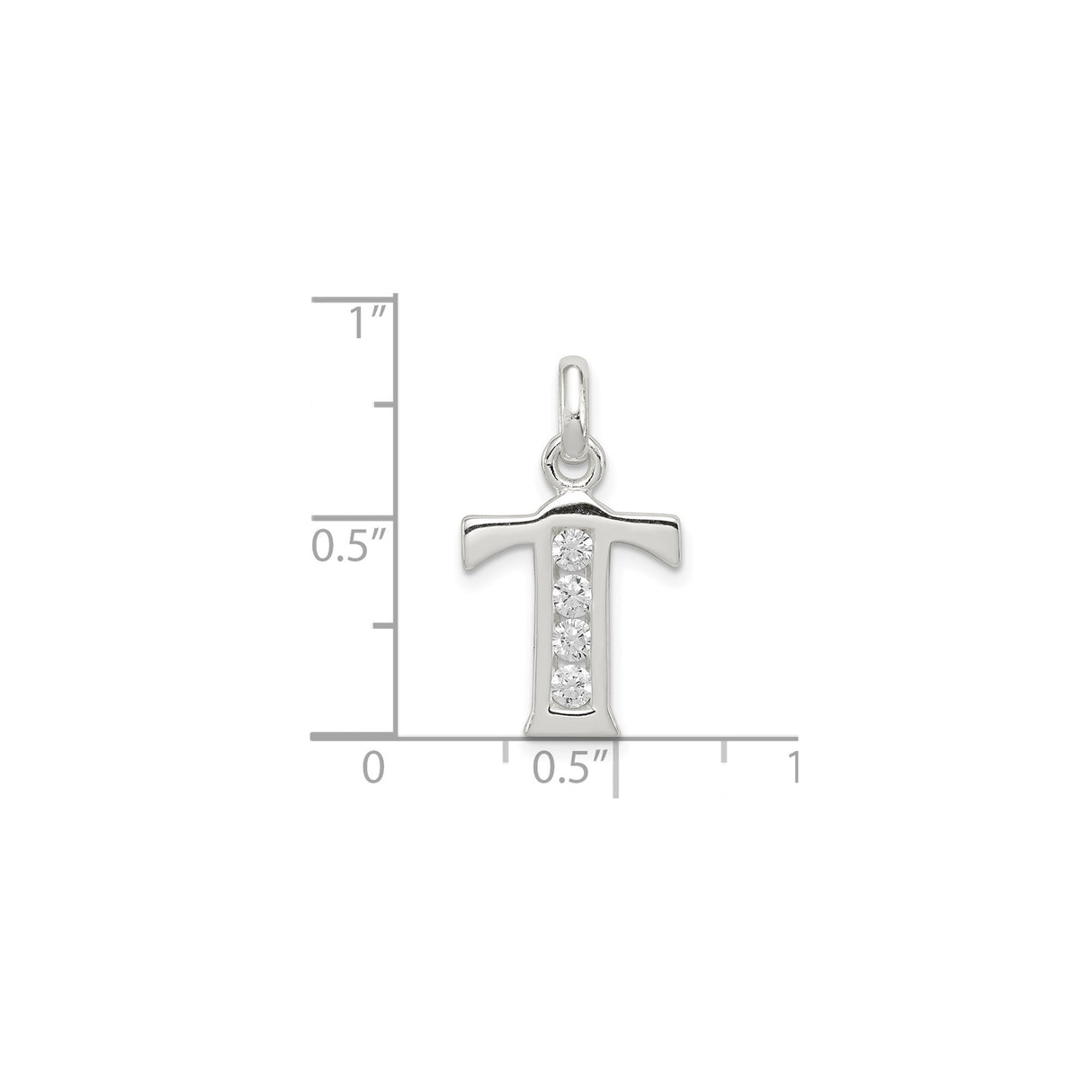 Sterling Silver Initial T Pendant with Cubic Zirconia, Polished Alphabet Letter Charm