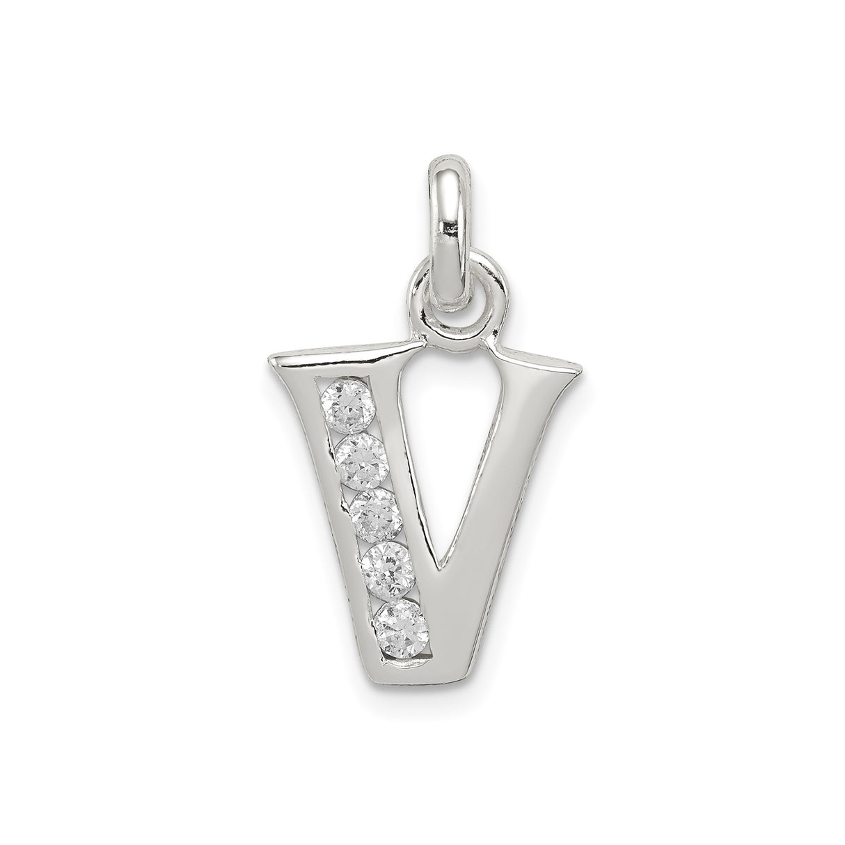 Sterling Silver Letter V Pendant with Cubic Zirconia, Polished Initial Charm for Women