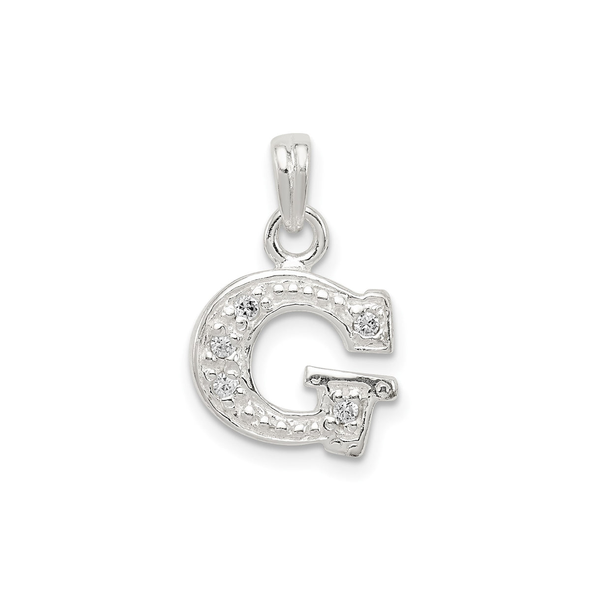 Sterling Silver Pendant with Cubic Zirconia, Beaded Edge, Polished Letter G Charm