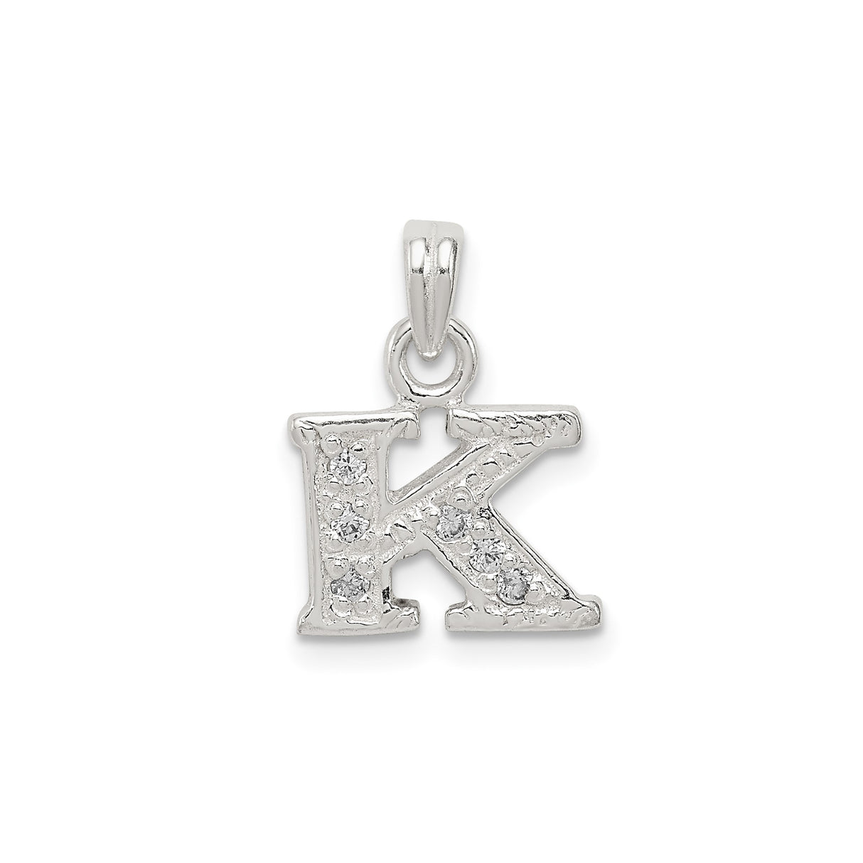 Sterling Silver Initial K Pendant Charm with Cubic Zirconia, Textured Letter Design